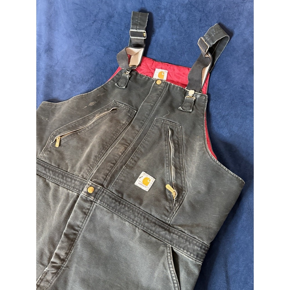 Vtg Carhartt R38 Black Bib Overalls Insulated Quilt Lined Duck Canvas 46x32